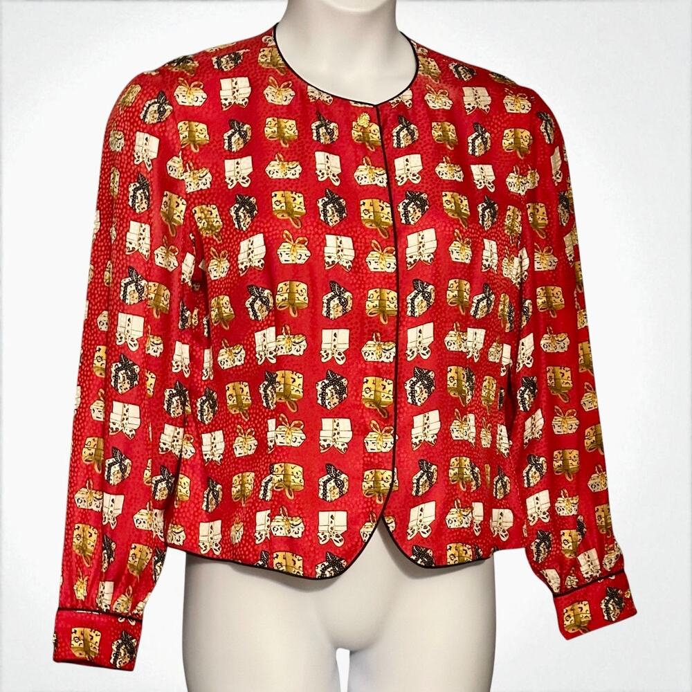 Vintage 90s Maggy London Silk Blouse Size 12 Red Gold Gift Print Holiday Glam